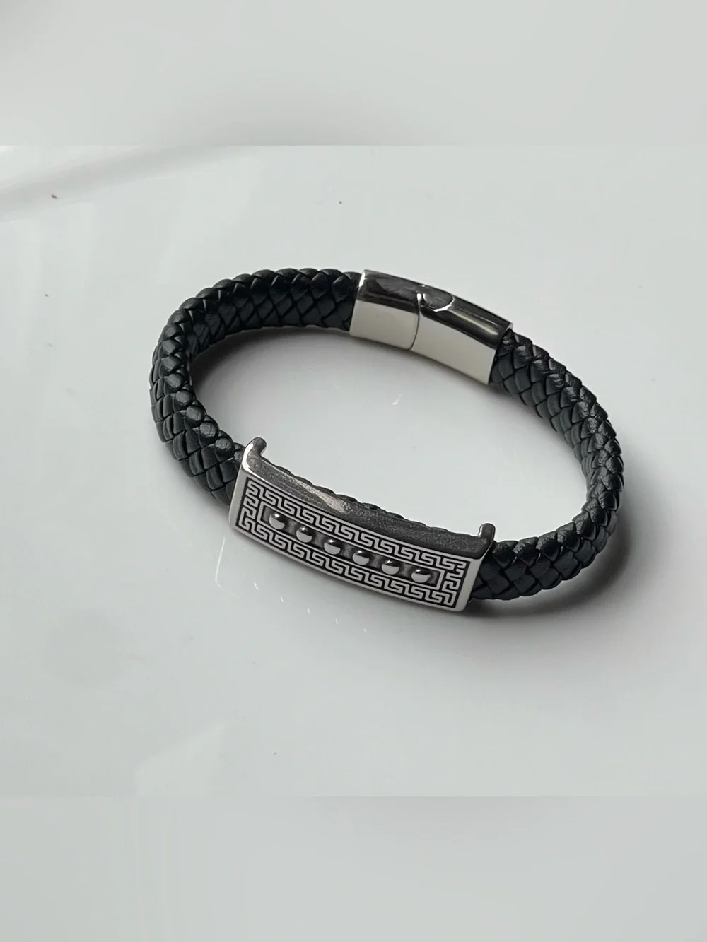Men's Black Braided Leather Bracelet with Stainless Accent